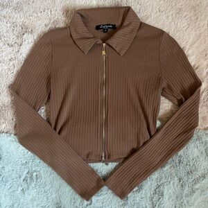 Mixed threads brown ribbed long sleeve zip top